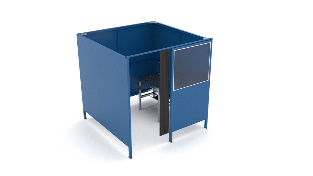 Blue sheet metal welding cabin with viewing screen and grated floor