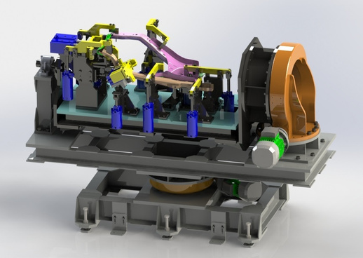 Welding fixture mounted on a fabricated machinery bed
